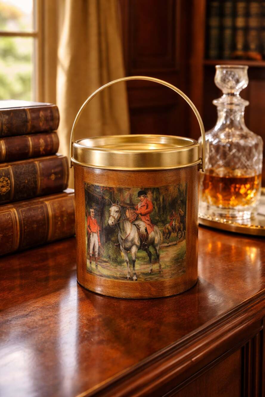 Vintage Wooden Fox Hunting Ice Bucket Brass Handle